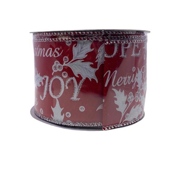 Red Noel Joy Hope Merry Christmas Script Wired Ribbon 9 Feet 2.5” Holiday Decor - Picture 2 of 7